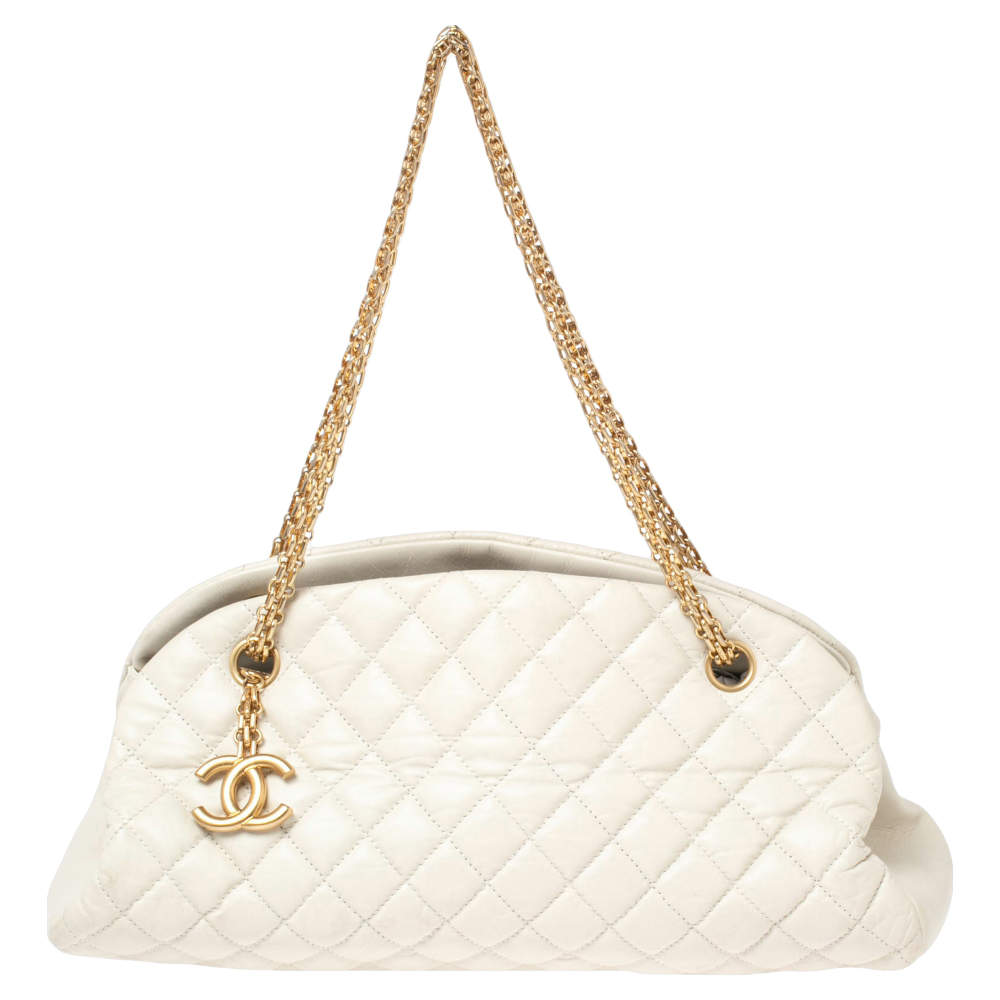 Pre Owned Chanel White Quilted Leather Just Mademoiselle Bowling Bag