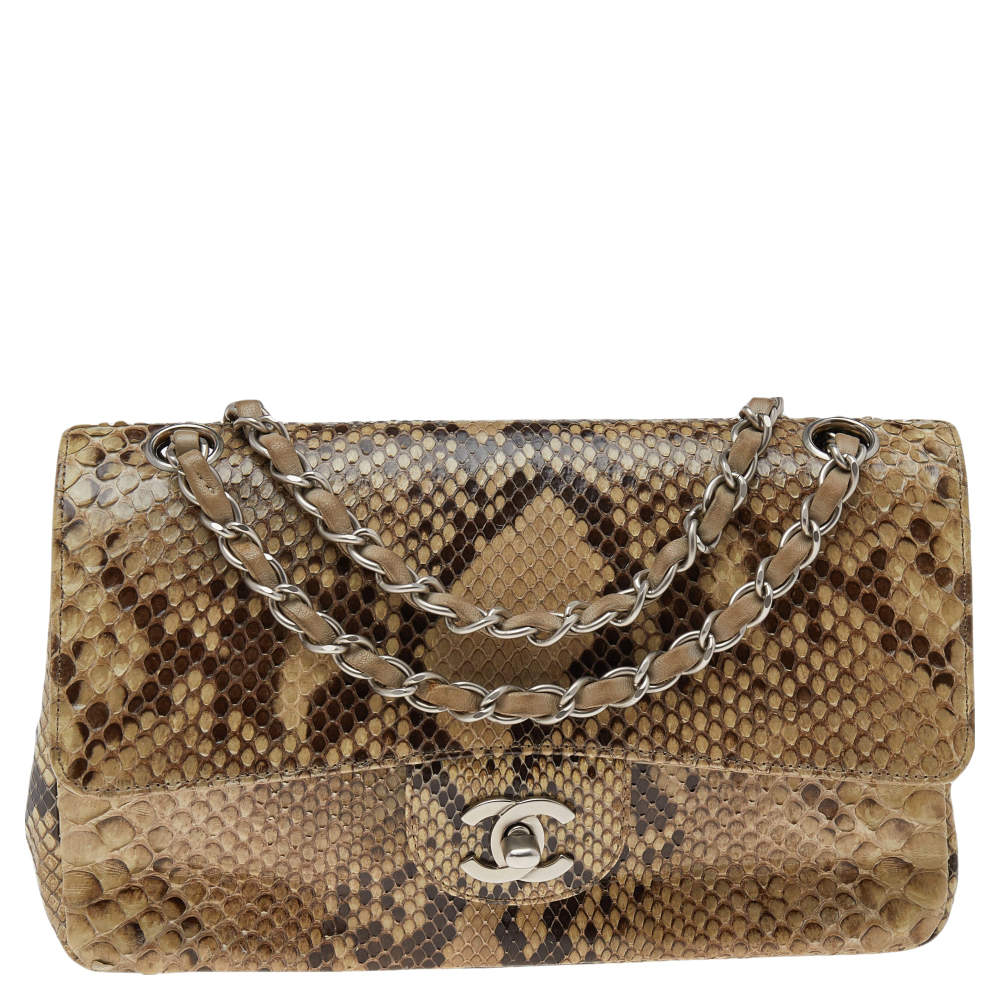 Chanel Beige Python Leather Classic Flap Shoulder Bag