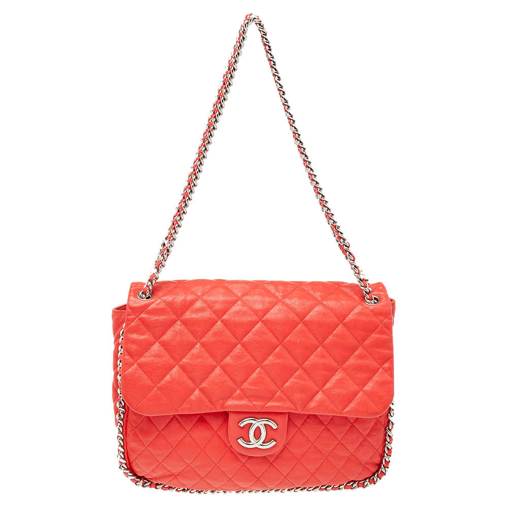 Pre Owned Chanel Red Quilted Leather Classic Single Flap Shoulder Bag