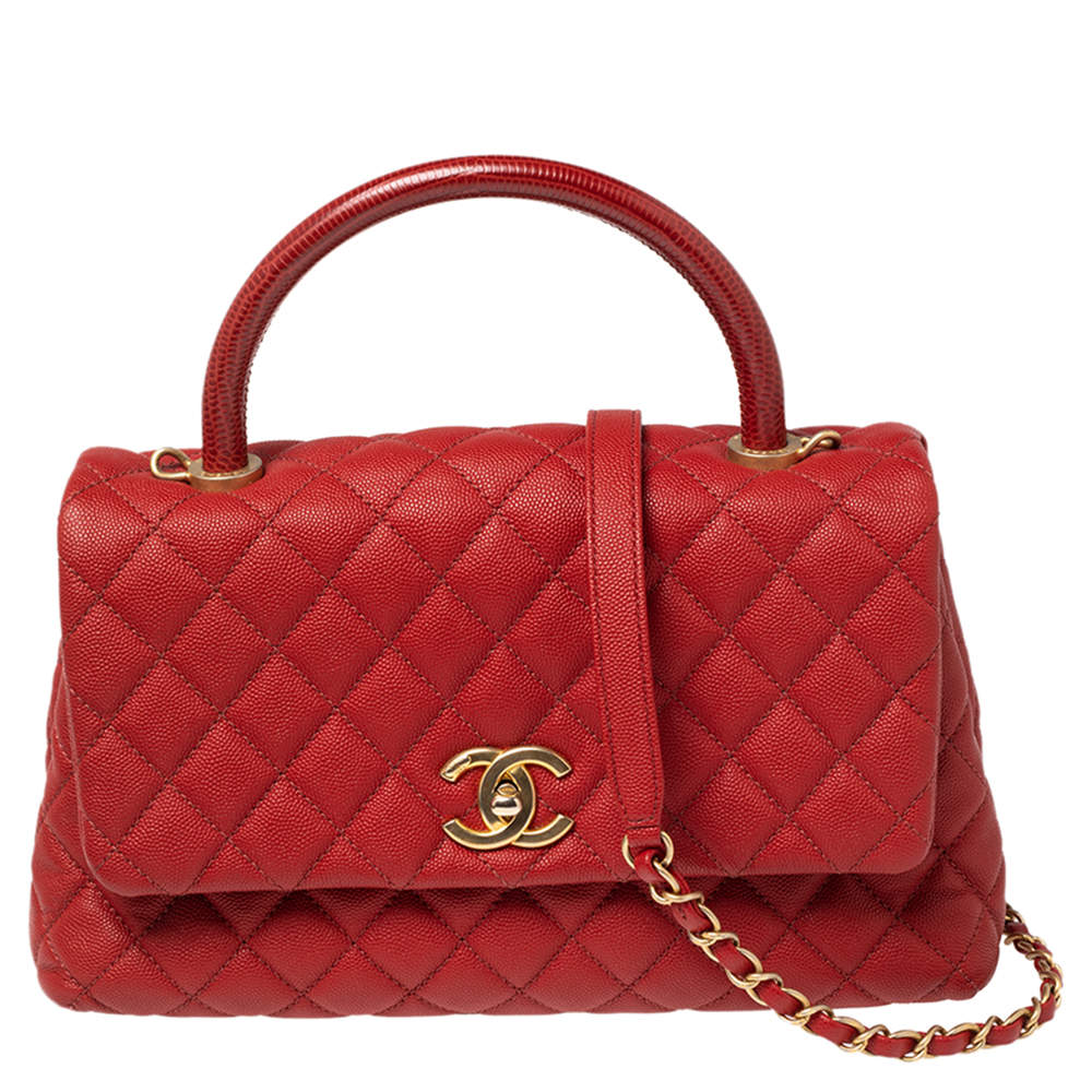 Pre Owned Chanel Red Lizard Embossed and Caviar Leather Small Coco Top Handle Bag