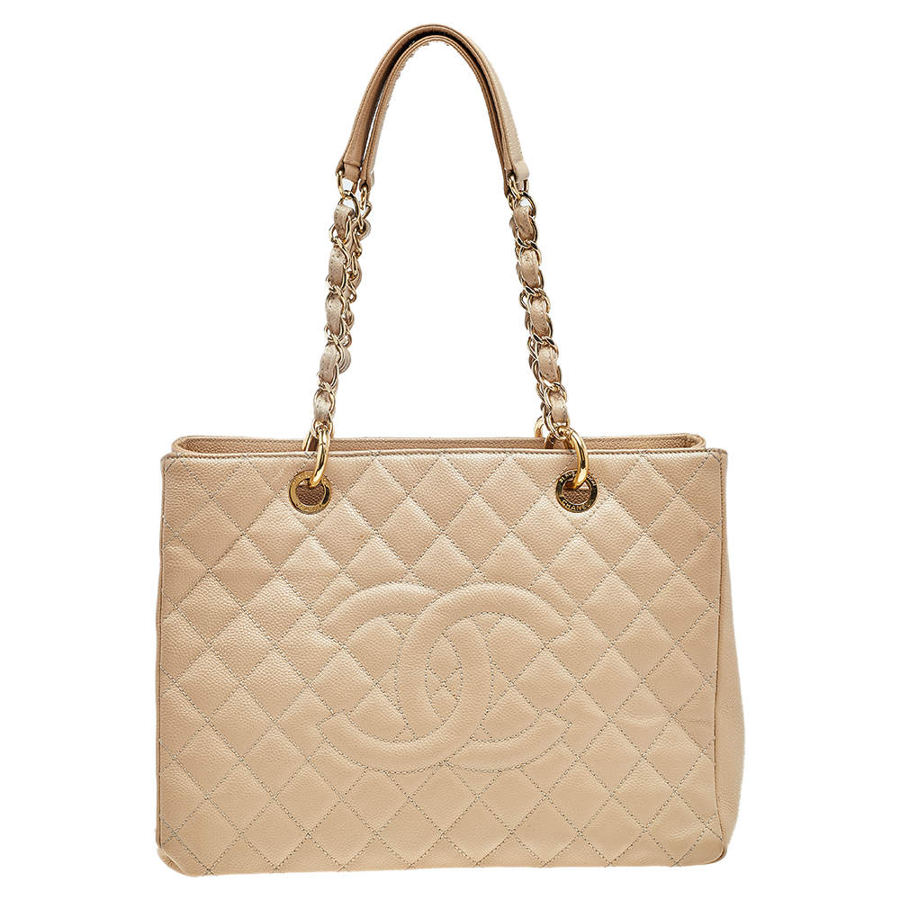 Pre Owned Chanel Beige Quilted Caviar Leather Grand Shopping Tote