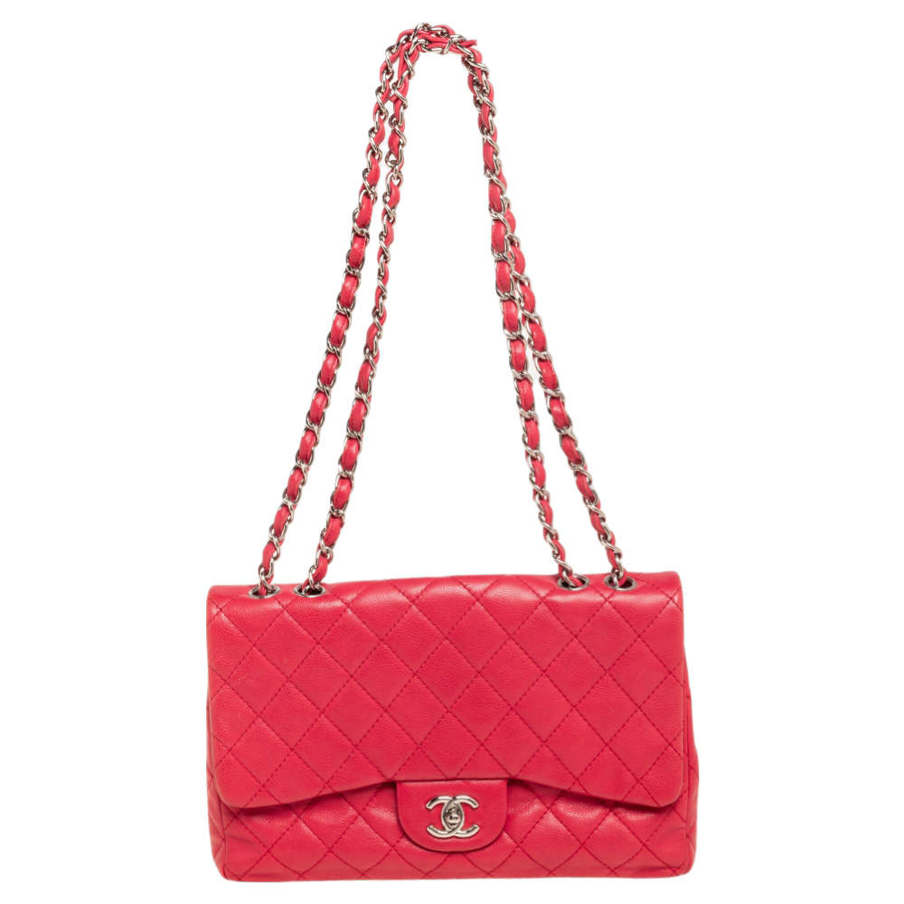 Pre Owned حقيبة شانيل جامبو كلاسيك جلد كافيار مبطن وردي بقلاب مزدوج 