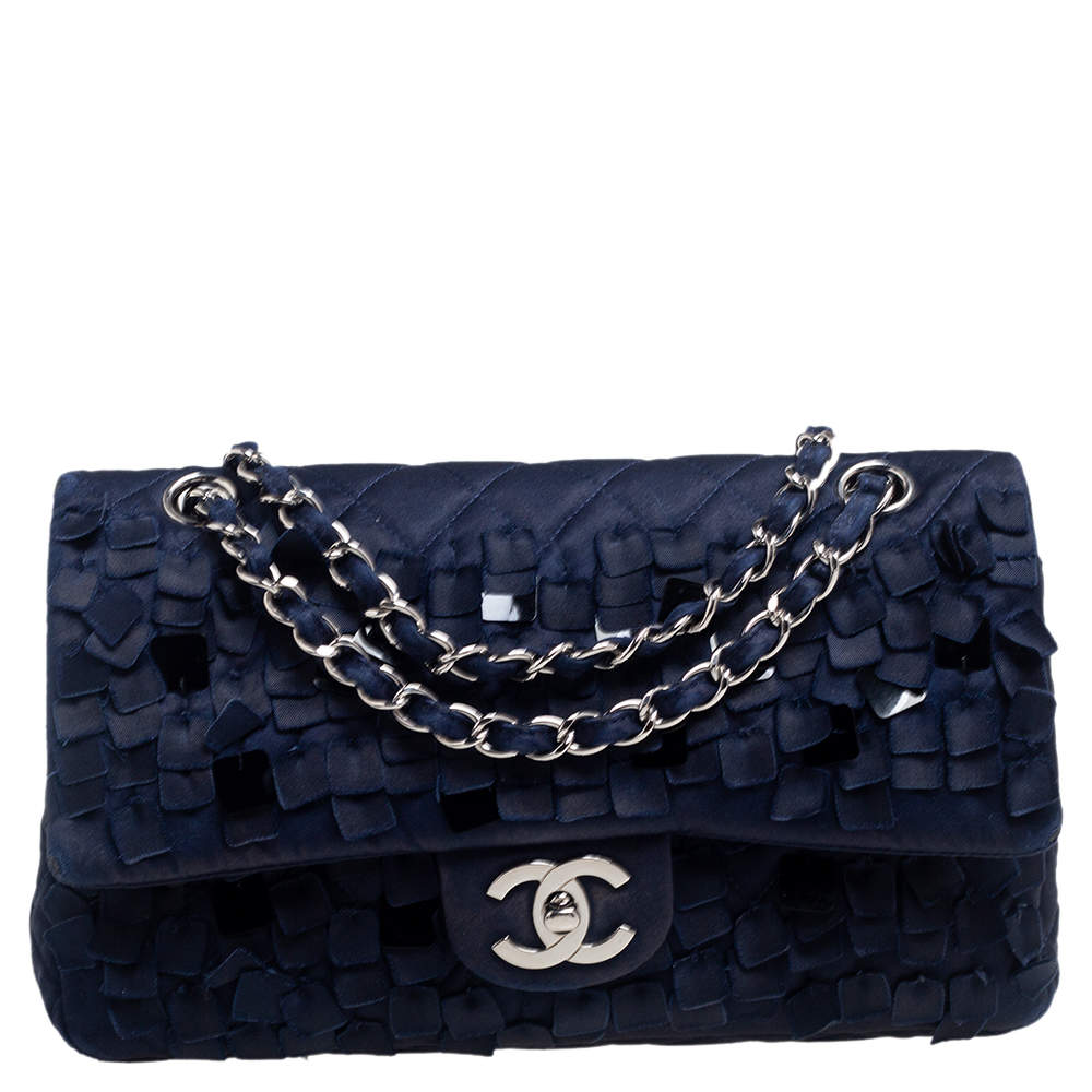 Chanel Midnight Blue Quilted Satin Pailette Embellished Medium Classic Double Flap Bag