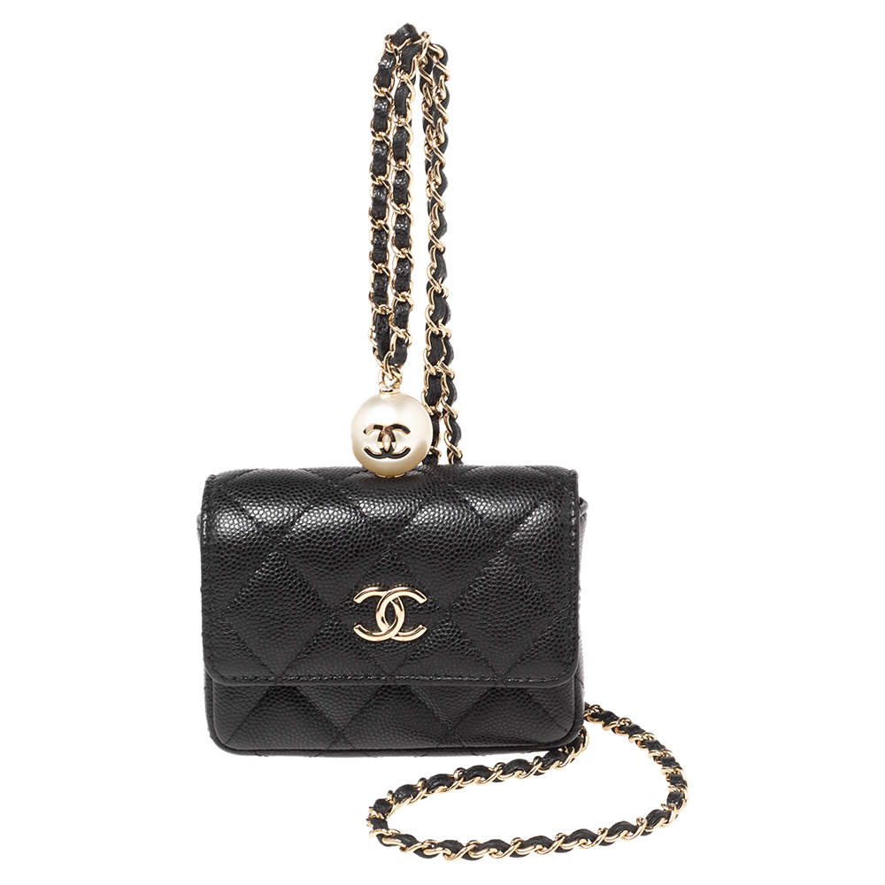 Chanel Black Caviar Leather CC Pearl Flap Coin Purse With Chain Chanel The Luxury Closet