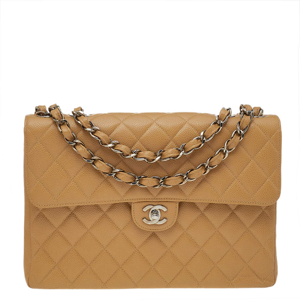 Pre Owned Chanel Beige Quilted Caviar Leather Jumbo Vintage Classic Single Flap Bag