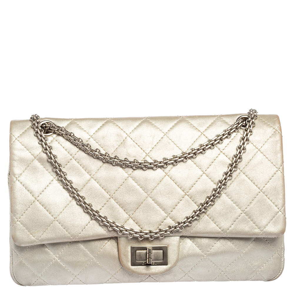 Pre Owned Chanel Silver Quilted Leather Reissue 2.55 Classic 227 Flap Bag