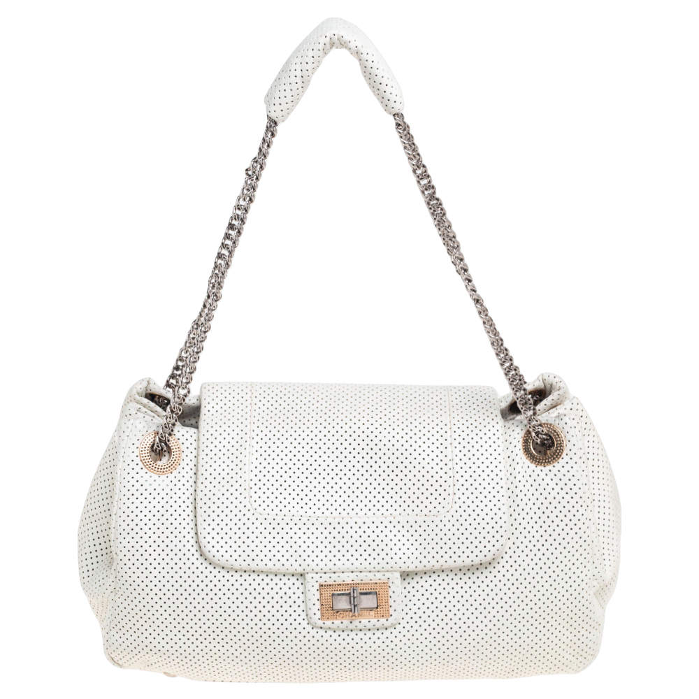 Chanel White Drill Perforated Leather Large Classic Flap Accordion Bag