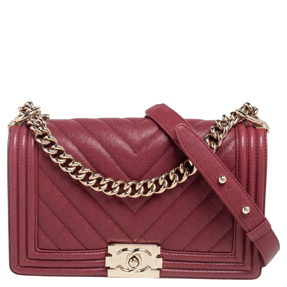 Pre Owned Chanel Maroon Chevron Caviar Leather Medium Boy Flap Bag