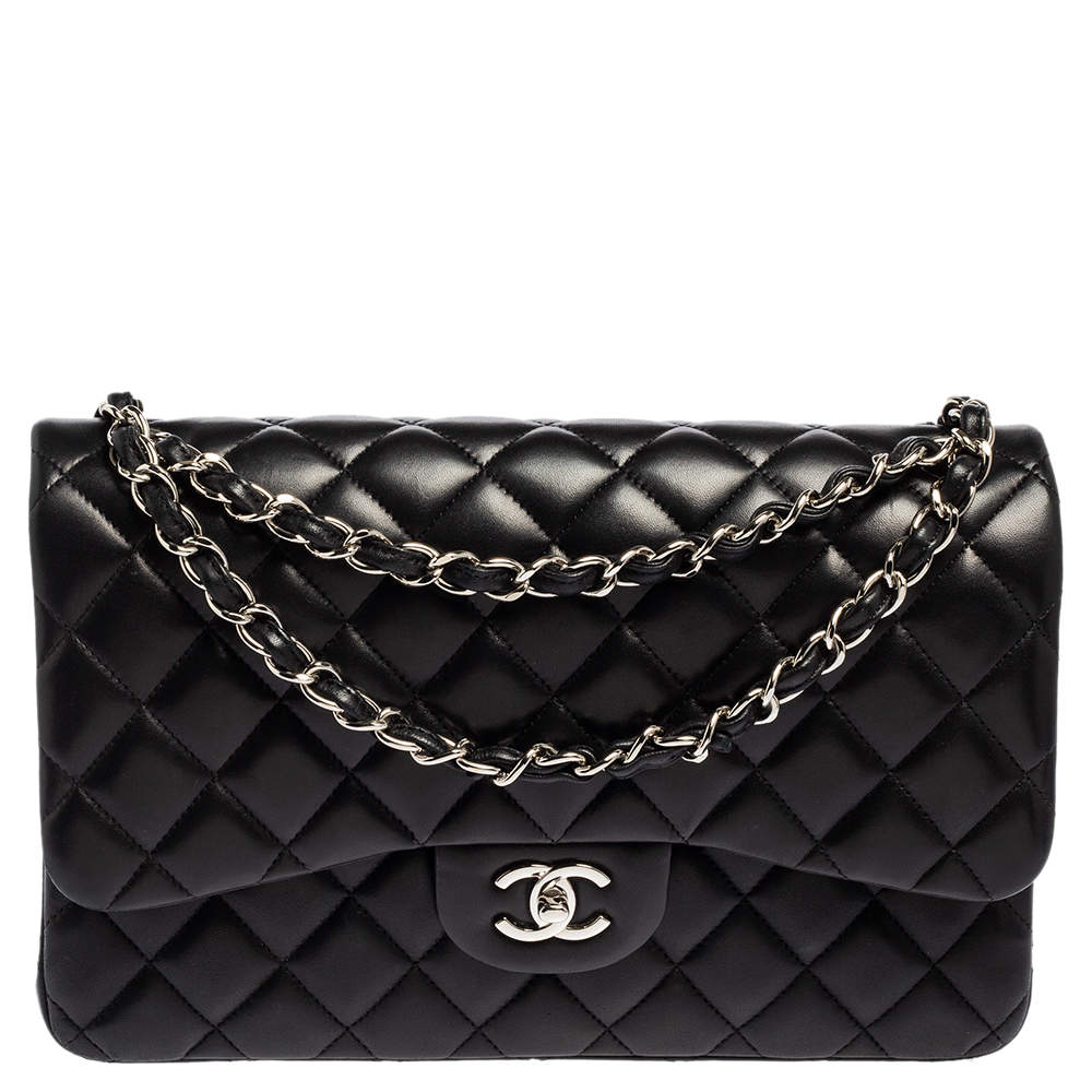 Pre Owned حقيبة شانيل قلاب مزدوج جامبو كلاسيك جلد مبطن أسود