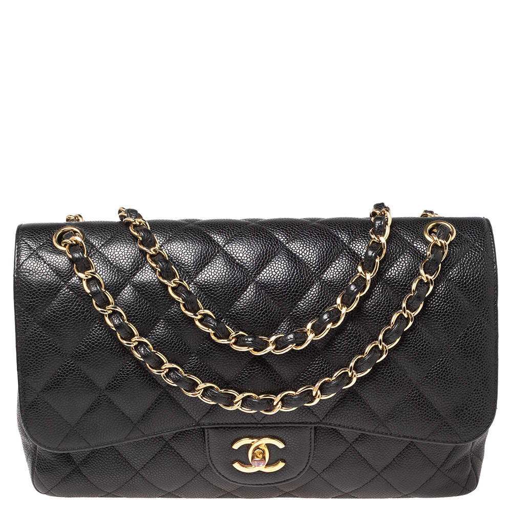 Pre Owned حقيبة شانيل جامبو كلاسيك جلد كافيار مبطن بيج بقلاب مزدوج 