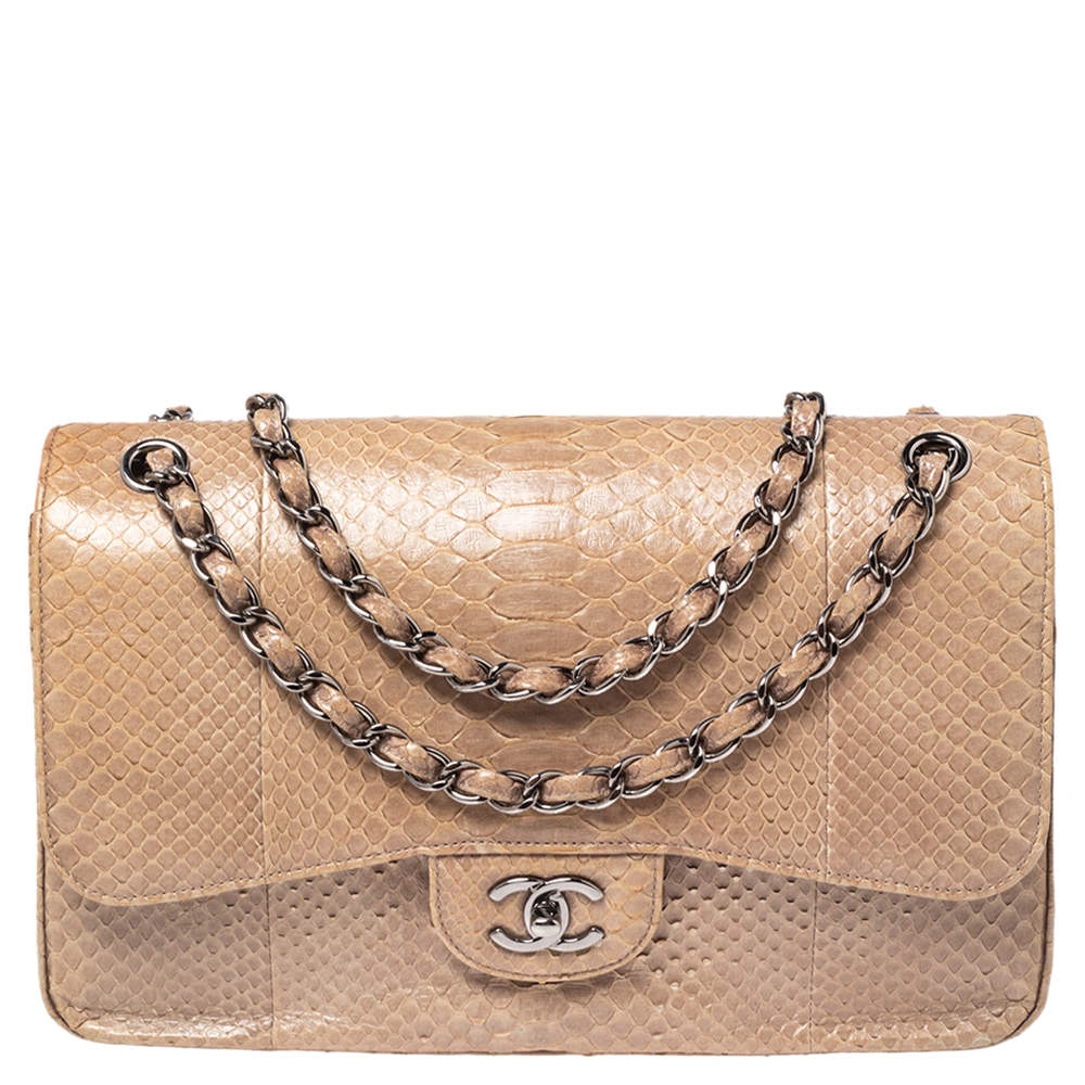 Pre Owned Chanel Beige Python and Leather Jumbo Classic Double Flap Bag