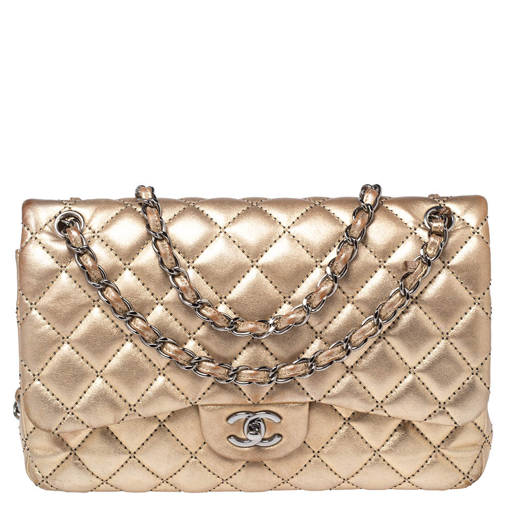 Chanel Metallic Gold Quilted Leather Jumbo Classic Double Flap Bag
