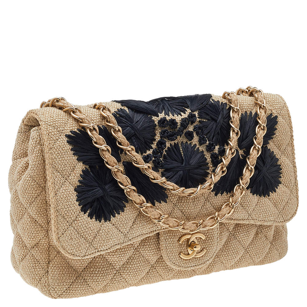 Chanel Beige Quilted Canvas And Raffia Embroidered Country Coco Jumbo Flap  Bag