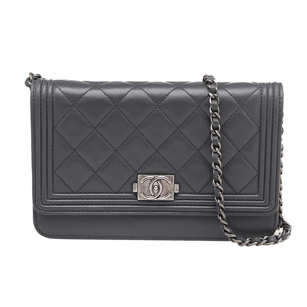 Chanel Grey Quilted Leather Boy Wallet on Chain