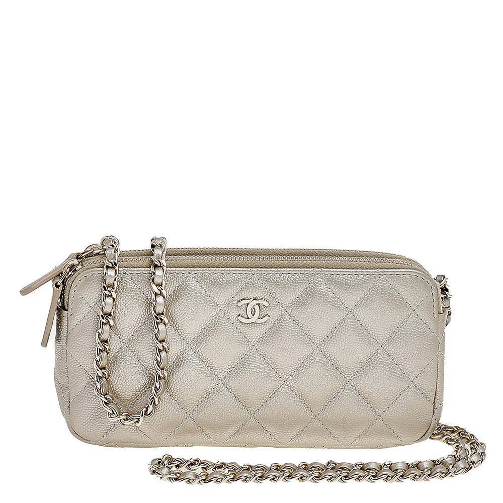 مملوكة مسبقًا Chanel Metallic Beige Caviar Quilted Leather So Many Double Zip Wallet On Chain
