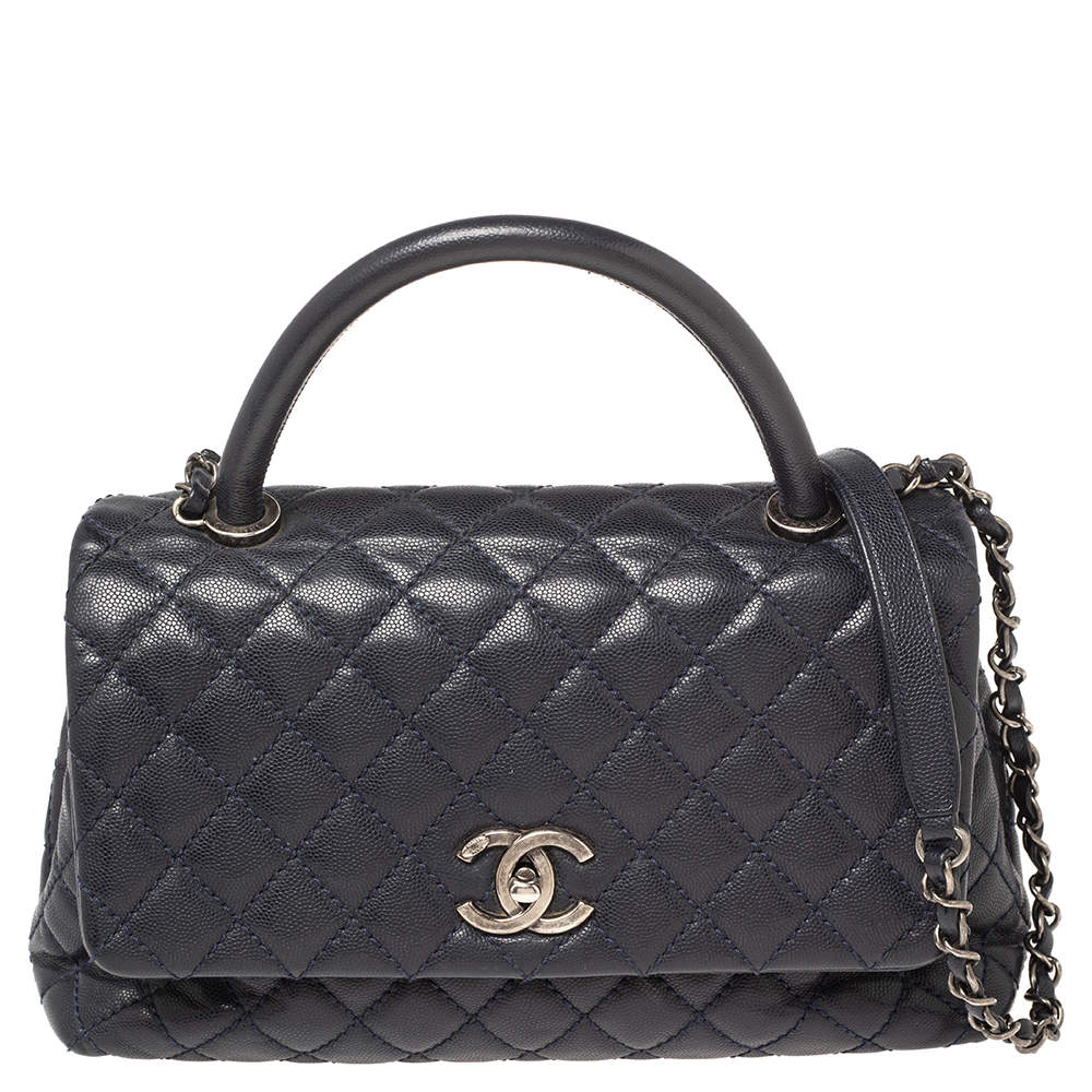 Pre Owned Chanel Navy Blue Quilted Caviar Leather Small Coco Top Handle Bag