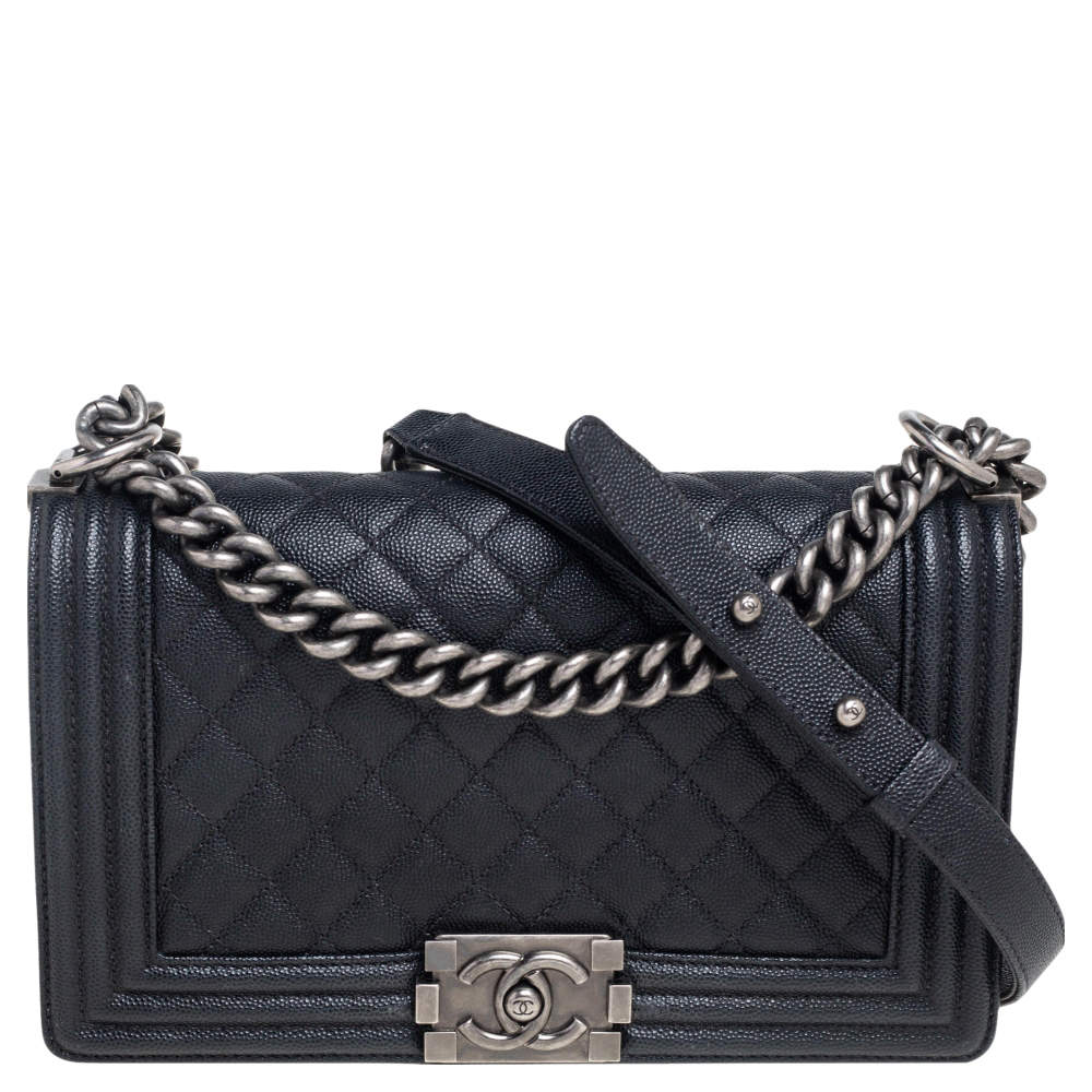 Pre Owned Chanel Black Quilted Caviar Leather Medium Boy Flap Bag