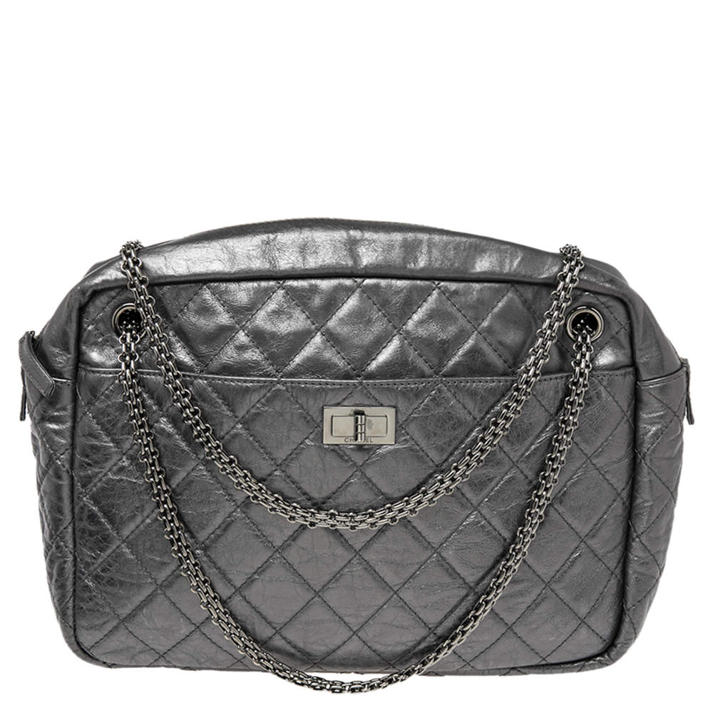 Pre Owned Chanel Silver Metallic Quilted Calfskin Large Reissue Camera Bag