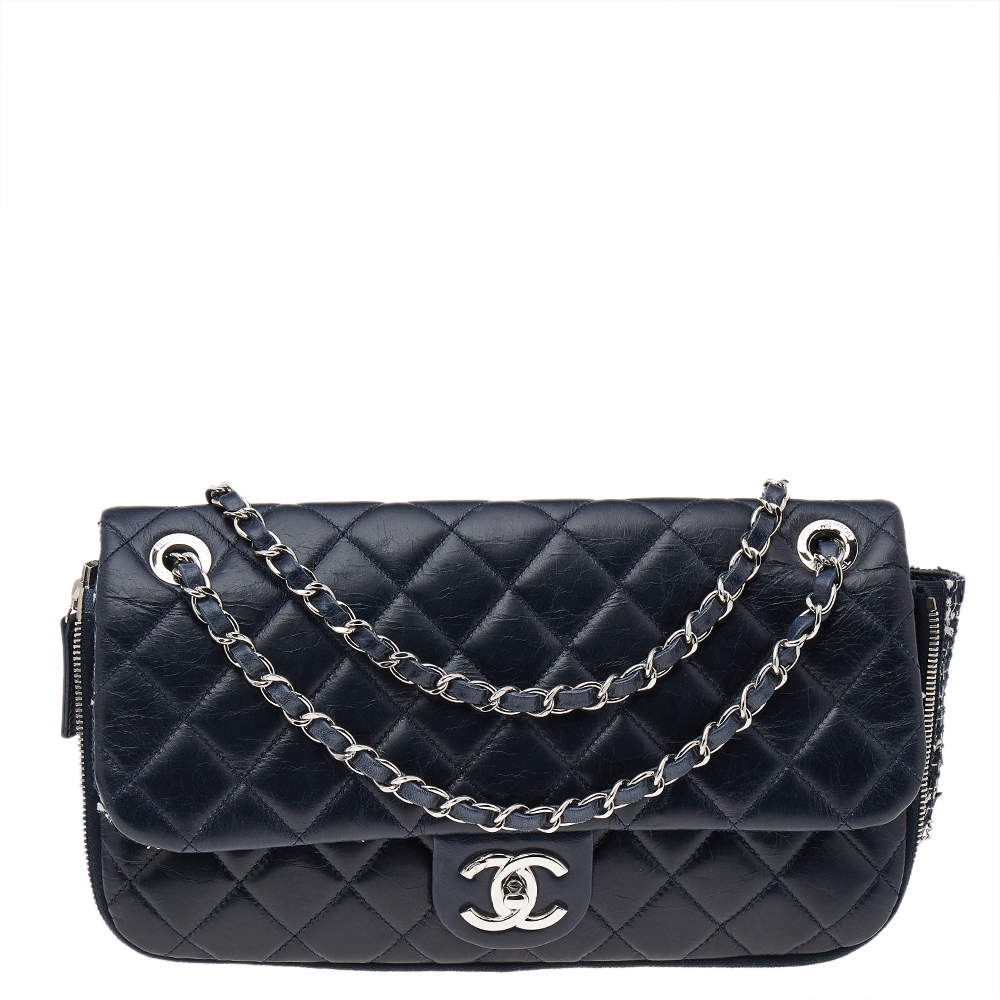Pre Owned Chanel Navy Blue Quilted Leather And Tweed Classic Single Flap Bag