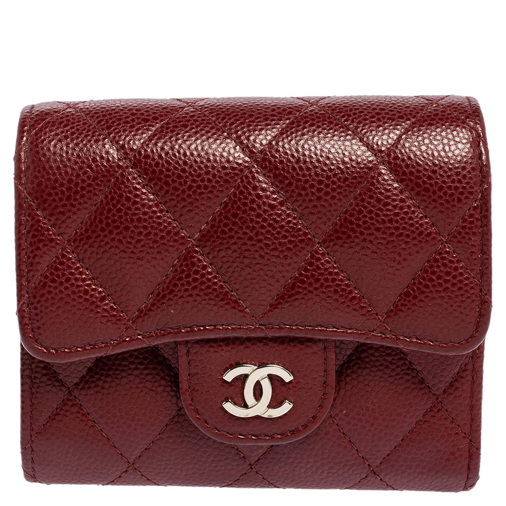 Pre Owned Chanel Red Caviar Leather Small CC Classic Flap Wallet