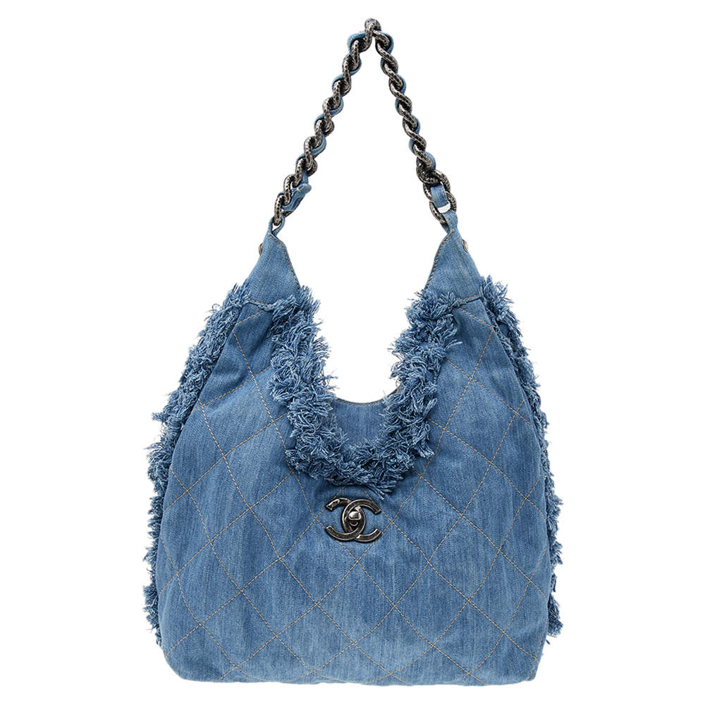 Pre Owned Chanel Blue Quilted Denim Fringe CC Hobo