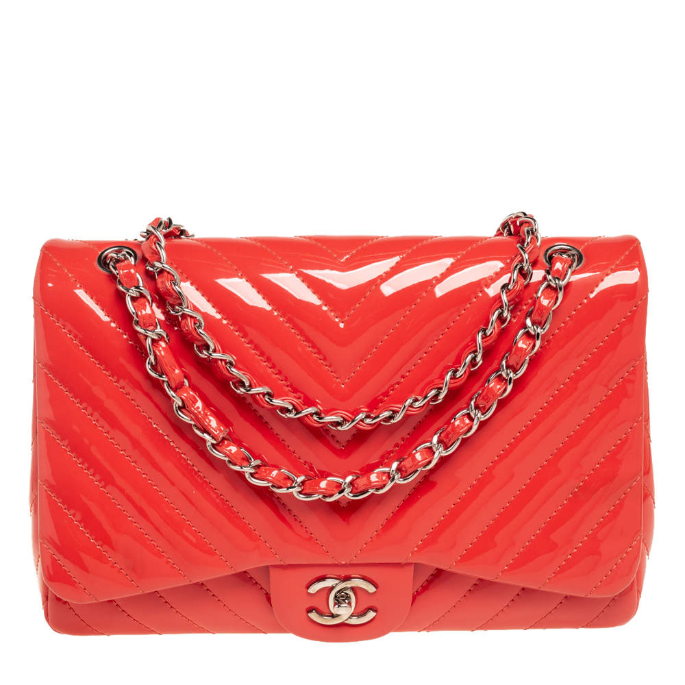 Pre Owned Chanel Coral Chevron Patent Leather Jumbo Classic Flap Bag