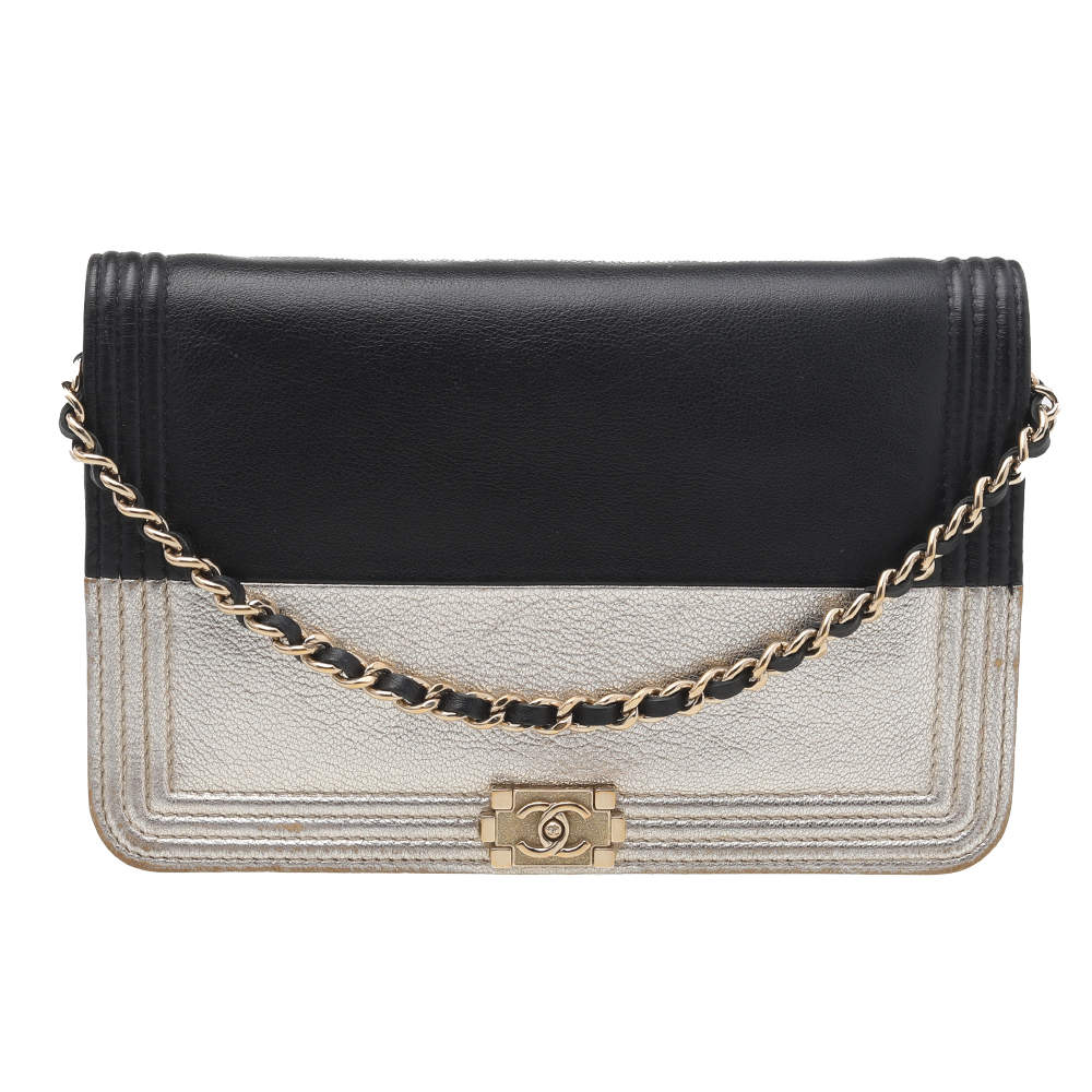 Chanel Black/Metallic Gold Leather Boy Wallet On Chain