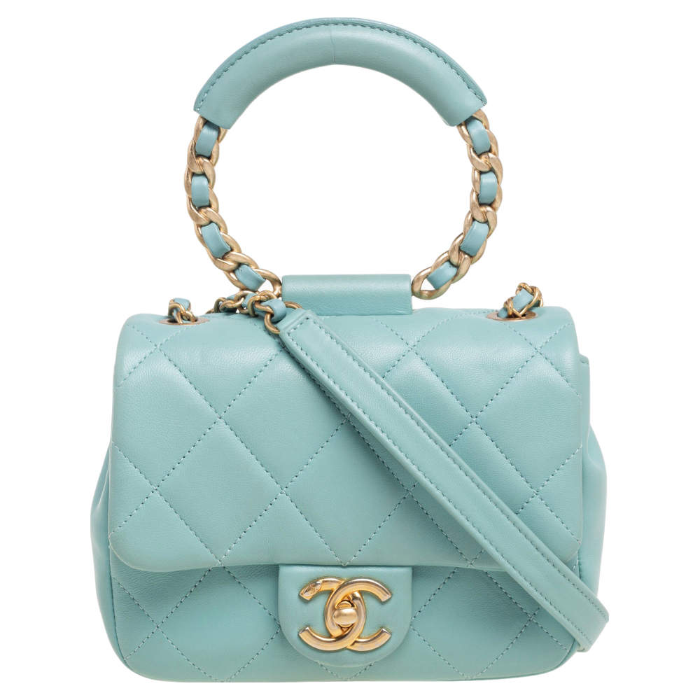 Pre Owned Chanel Blue Quilted Leather Small Circular Top Handle Bag