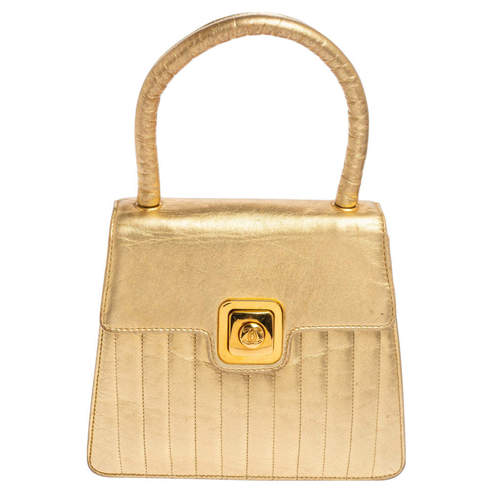 Pre Owned Chanel Gold Quilted Leather Vintage Mini Kelly Bag