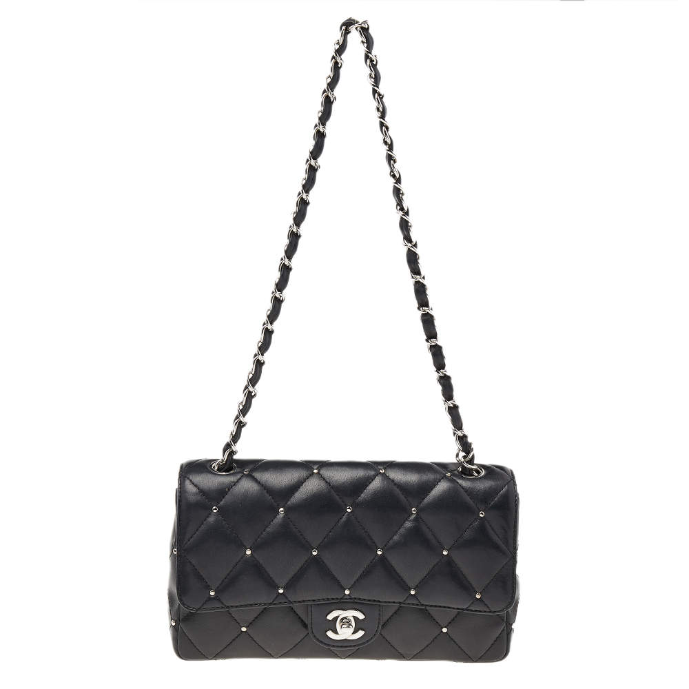 Pre Owned Chanel Black Studded Leather Medium Classic Single Flap Bag