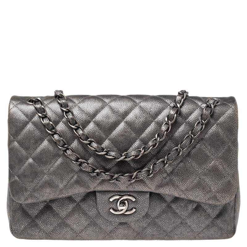 Chanel Grey/Black Caviar Leather Jumbo Classic Double Flap Bag