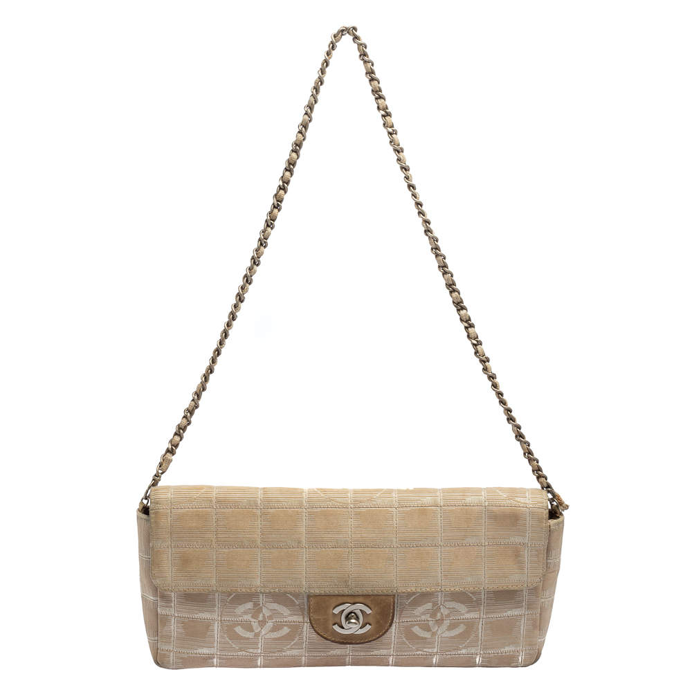 Chanel Beige Chocolate Bar Quilted Fabric CC East West Flap Bag Chanel