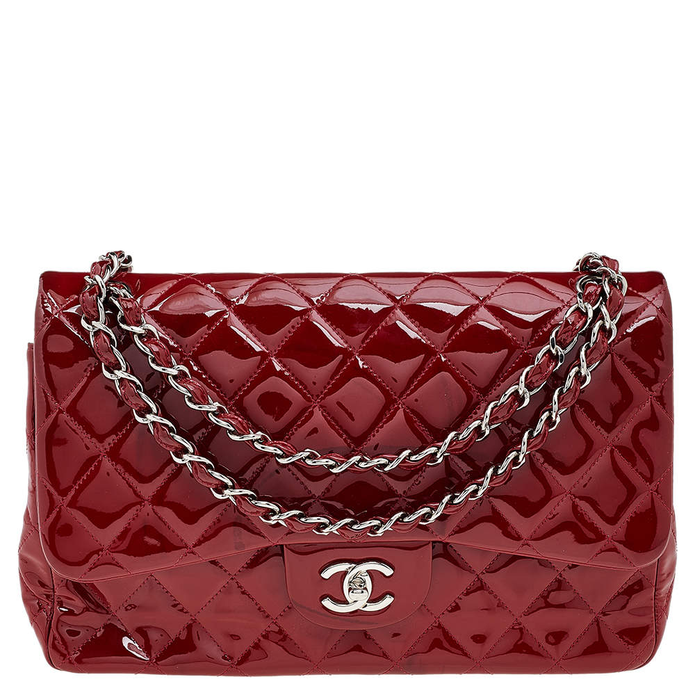 Chanel Red Quilted Patent Leather Jumbo Classic Double Flap Bag