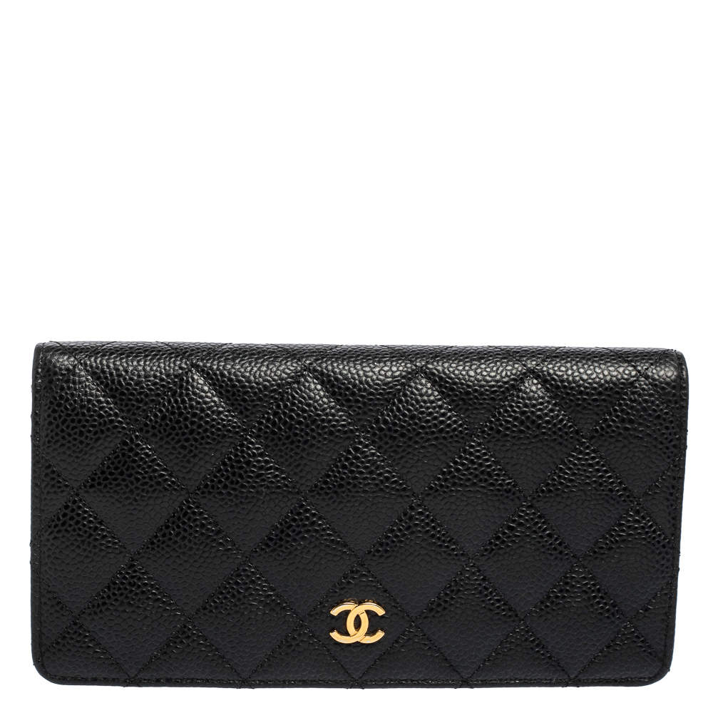 Pre Owned محفظة كونتينينتال شانيل CC L ين جلد كافيار مبطن سوداء