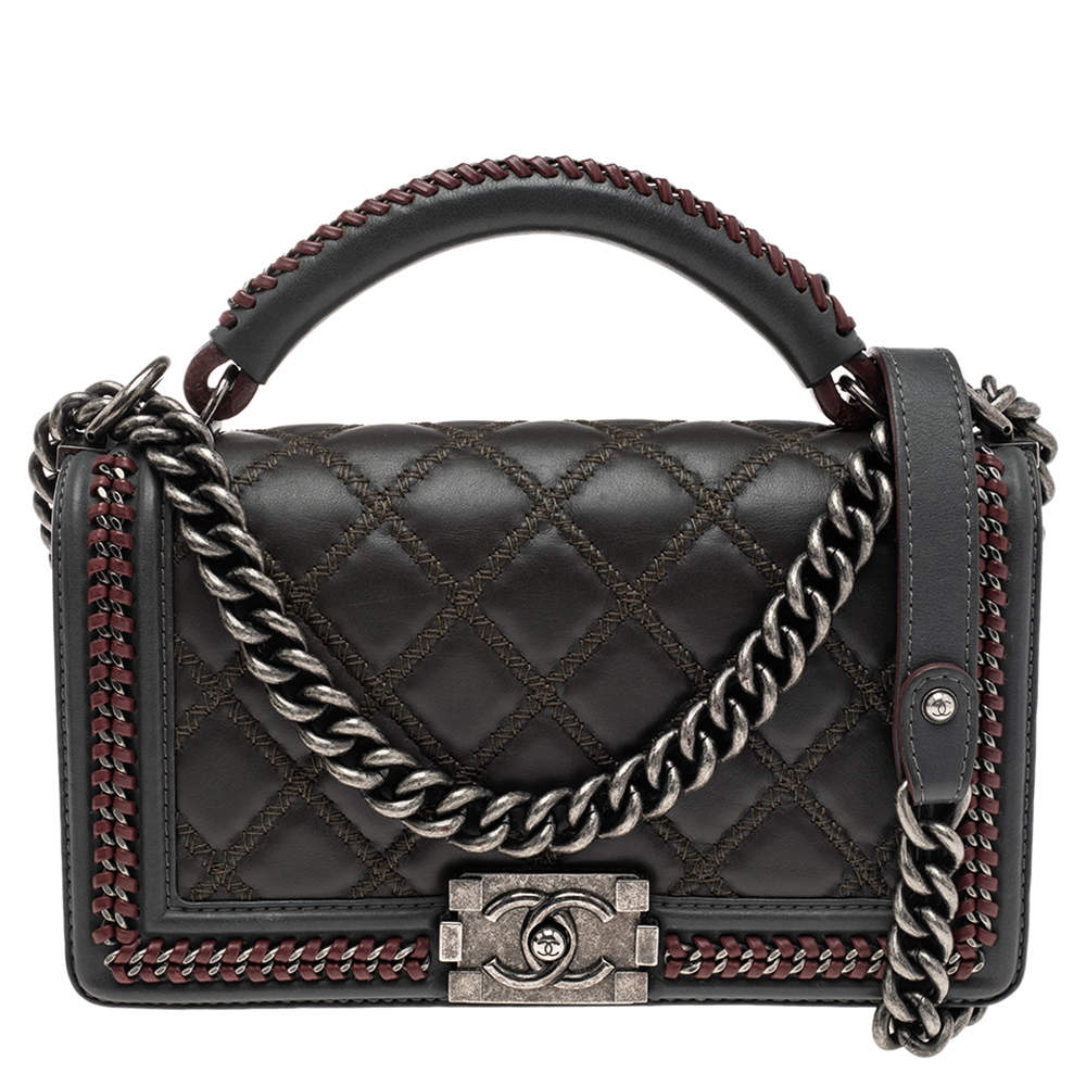 Pre Owned Chanel Grey/Olive Green Quilted Leather Chain Around Medium Boy Flap Top Handle Bag