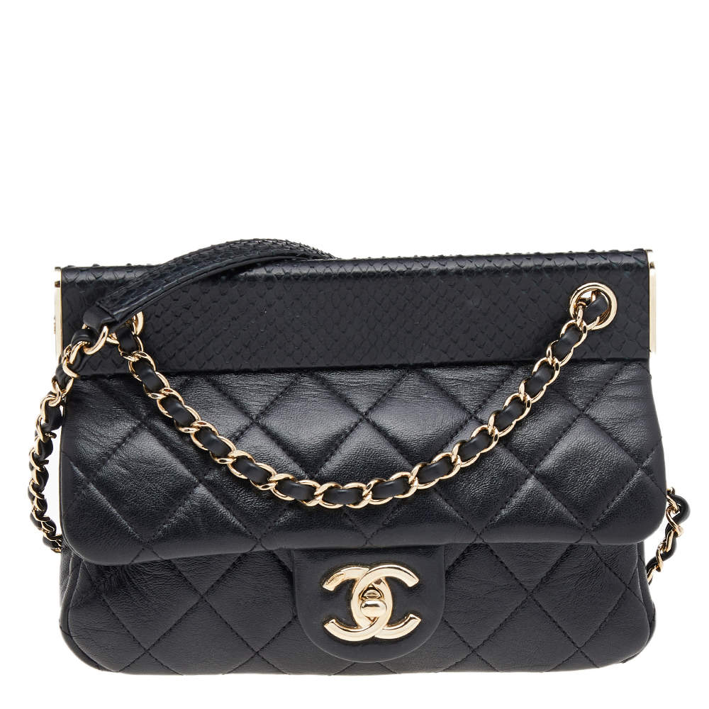 Pre Owned Chanel Black Quilted Leather And Python Classic Frame Flap Bag