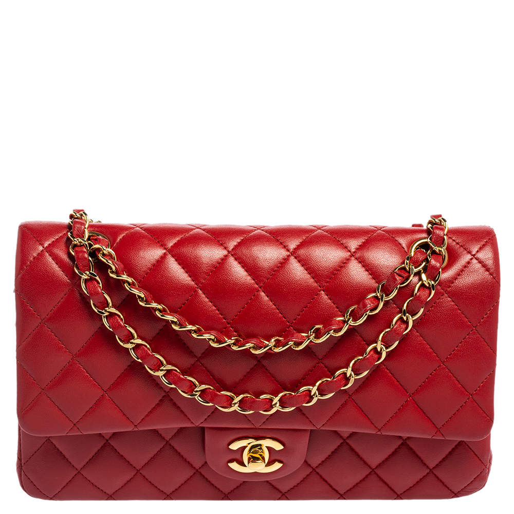 Pre Owned حقيبة شانيل قلاب مزدوج كلاسيك متوسطة جلد لامع مبطن أحمر