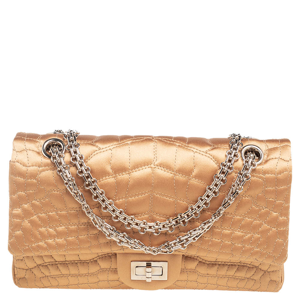 Pre Owned Chanel Gold Croc Embroidered Satin Reissue 225 Flap Bag