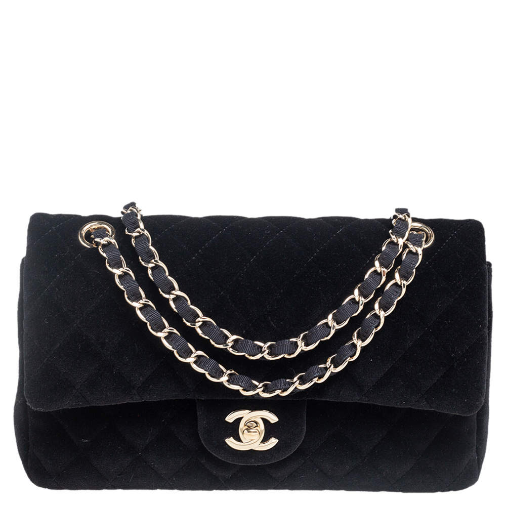 Pre Owned Chanel Black Quilted Velvet Medium Classic Double Flap Bag