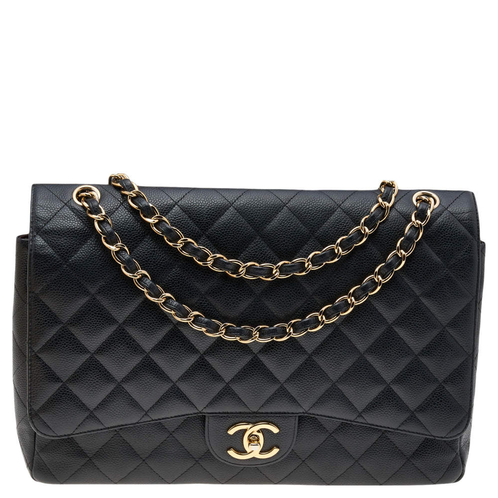 Pre Owned Chanel Black Quilted Caviar Leather Maxi Classic Double Flap Bag