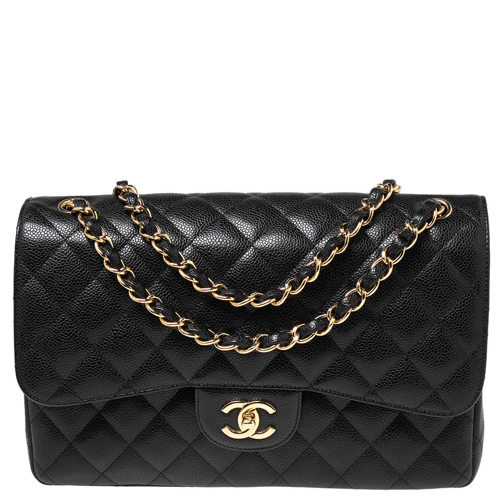 Chanel Black Quilted Caviar Leather Jumbo Classic Double Flap Bag