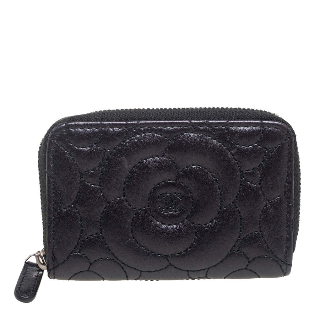 Chanel Black Leather Camellia Zip Around Coin Purse Chanel | TLC