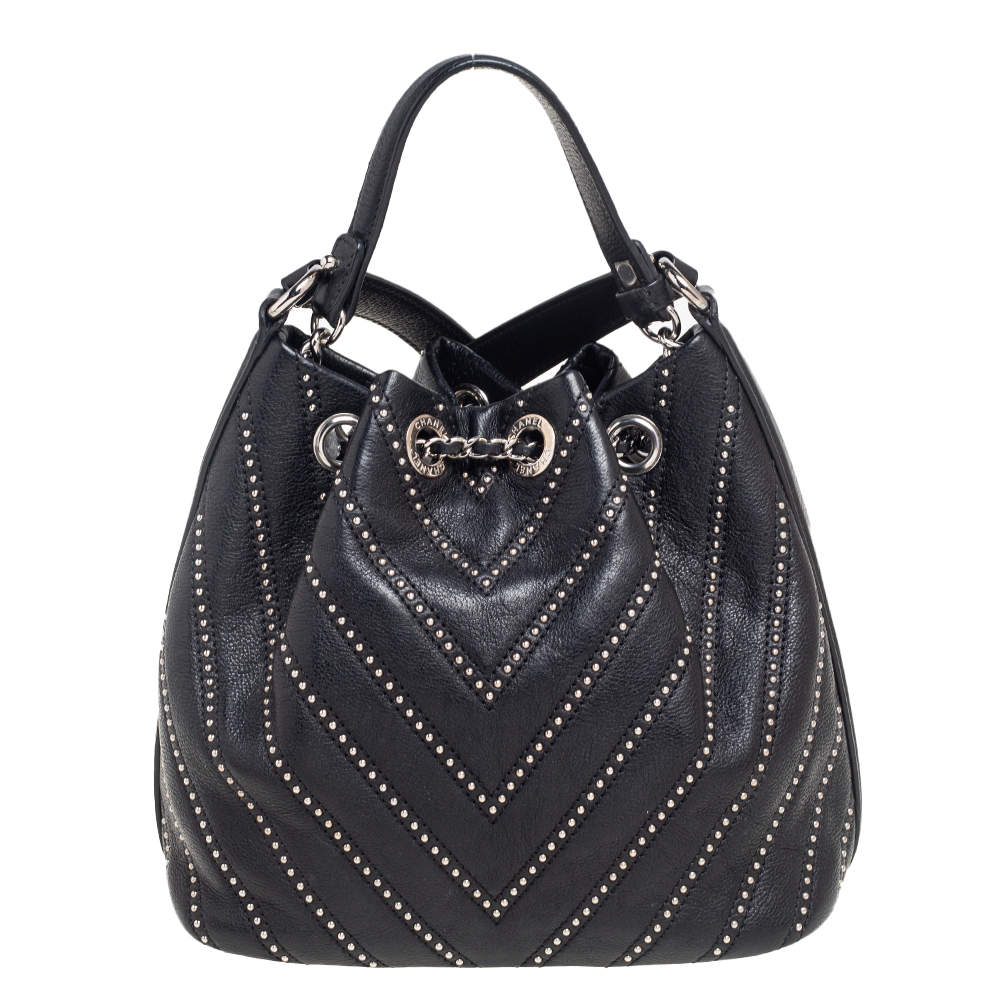Chanel Black Leather Stud Wars Small Drawstring Shoulder Bag