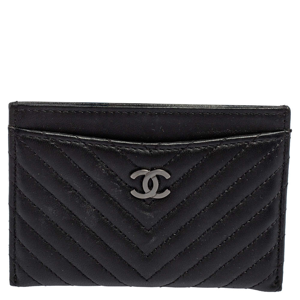 Pre Owned Chanel Black Chevron Leather CC Card Holder