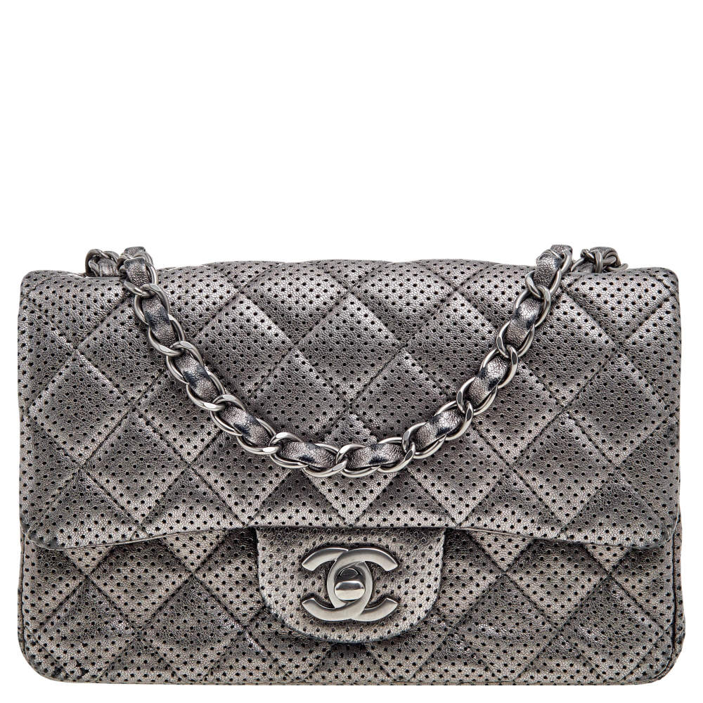Pre Owned Chanel Metallic Grey Quilted Leather Perforated Classic Single Flap Bag