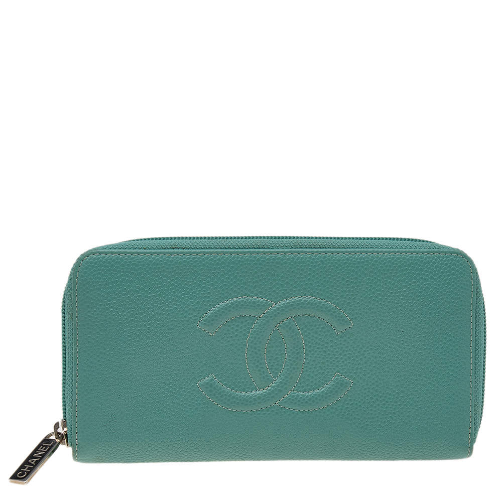 Pre Owned Chanel Aqua Green Caviar Leather CC Zip Around Wallet