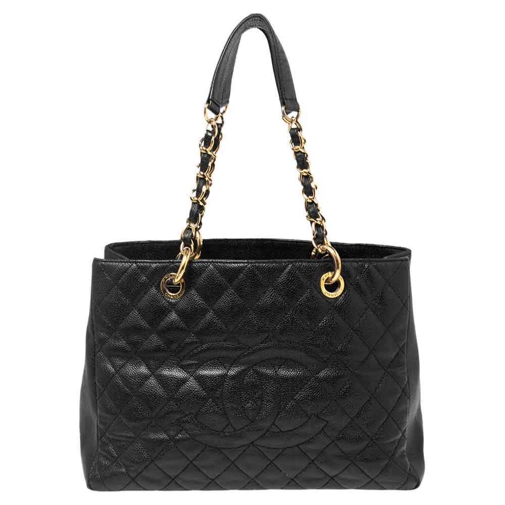 Pre Owned Chanel Black Quilted Caviar Leather Grand Shopper Tote 