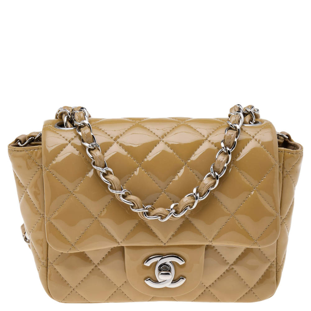 Pre Owned Chanel Beige Quilted Patent Leather Mini Square Classic Flap Bag