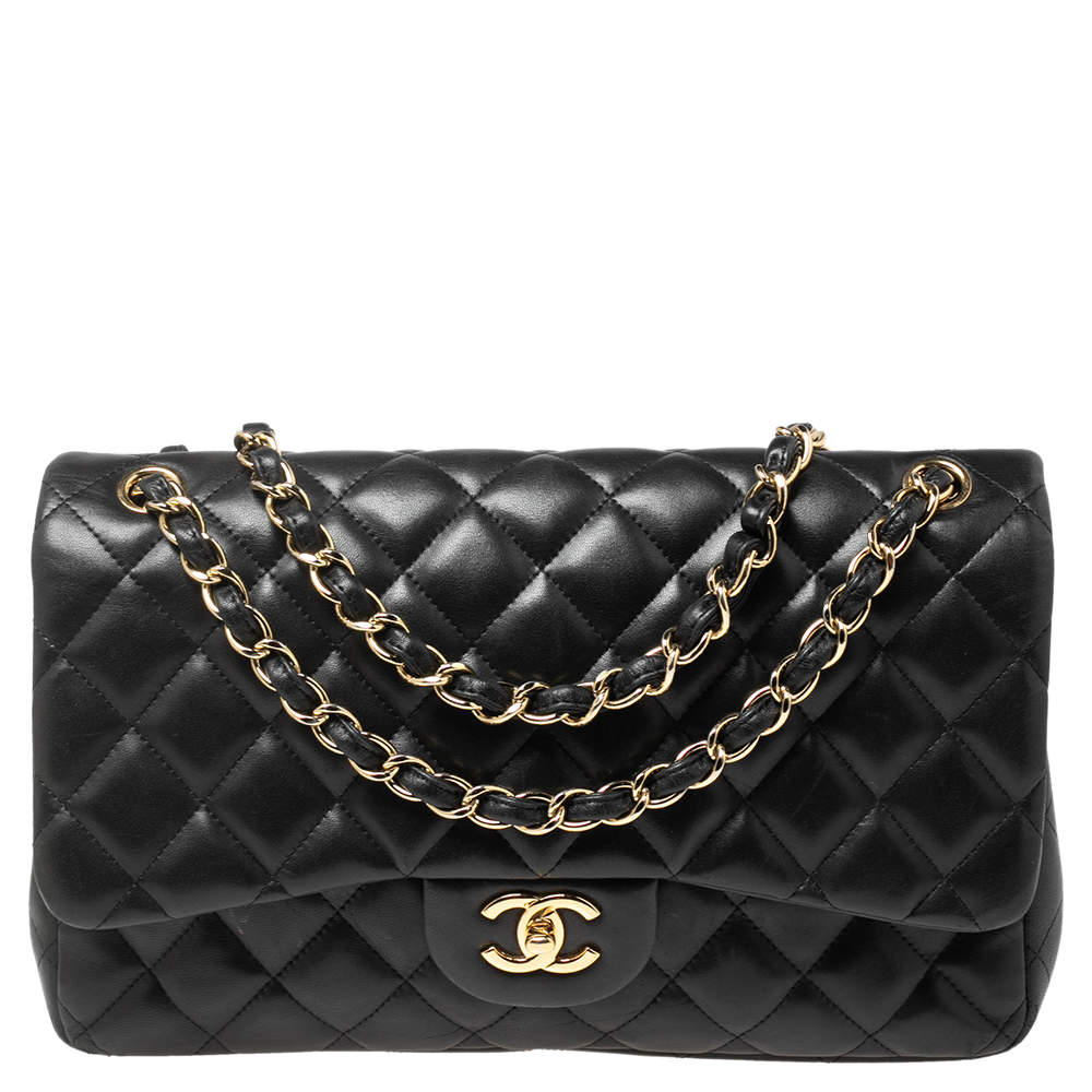 Pre Owned Chanel Black Quilted Leather Jumbo Classic Double Flap Bag