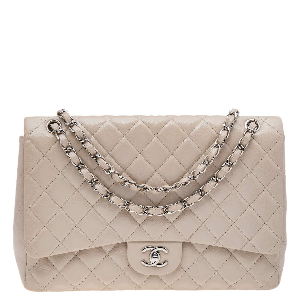 Pre Owned Chanel Beige Quilted Caviar Leather Maxi Classic Single Flap Bag